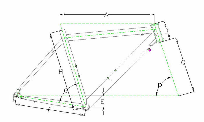 Frame sizeTop tube(A)Head tube length(B)Fork length(C)Head tube angle(D)Bottom bracket drop(E)Chain stays(F)Seat tube angle(G)Seat tube(H)46 cm514.1mm105mm354mm72°70mm405mm64.5°460mm48 cm519.3mm110mm354mm72°70mm405mm64.5°480mm50 cm529.4mm120mm354mm72.5°70mm405mm64.5°500mm52 cm539.1mm130mm354mm72.5°70mm405mm64.5°520mm54 cm549.3mm145mm354mm73°70mm405mm64.5°540mm56 cm559.8mm160mm354mm73.5°70mm405mm64.5°560mm58 cm569.8mm170mm354mm73.5°70mm405mm64.5°580mm60 cm579.8mm180mm354mm73.5°70mm405mm64.5°600mm