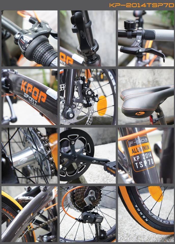 จักรยานพับ K-POP รุ่น KP-2014<br />Frame: Aluminum alloy 6061<br />Group sets: Shimano 7 speeds <br />Disc Brake: Zoom<br />Crank: Alloy CNC crank set<br />Hub: Aluminum bearing hub Front/ Rear<br />Tyre: Kenda 20x1.35<br />Rims: Aluminum Double wall<br />Folding device: Top line folding device<br />Weight : 11.5 kgs (no pedal)<br />Color option: Matt black with blue rims/ Pearl white / Metallic grey / Matt black with pink rims / Metallic blue<br />Price: 16,500 baht<br />Promotion price: 9,900 baht