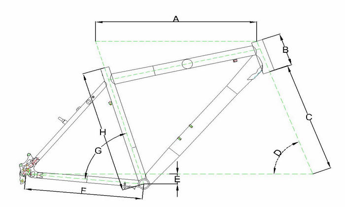 Frame size Top tube(A) Head tube length(B) Fork length(C) Head tube angle(D) Bottom bracket drop(E) Chain stays(F) Seat tube angle(G) Seat tube(H) <br />16&quot; 555.6mm 130mm 460mm 71° 45mm 435mm 66.9° 406mm <br />18&quot; 580.7mm 130mm 460mm 71° 45mm 435mm 66.9° 457mm <br />20&quot; 598.3mm 140mm 460mm 71° 45mm 435mm 66.9° 508mm <br />22&quot; 608mm 150mm 460mm 71° 45mm 435mm 66.9° 558mm