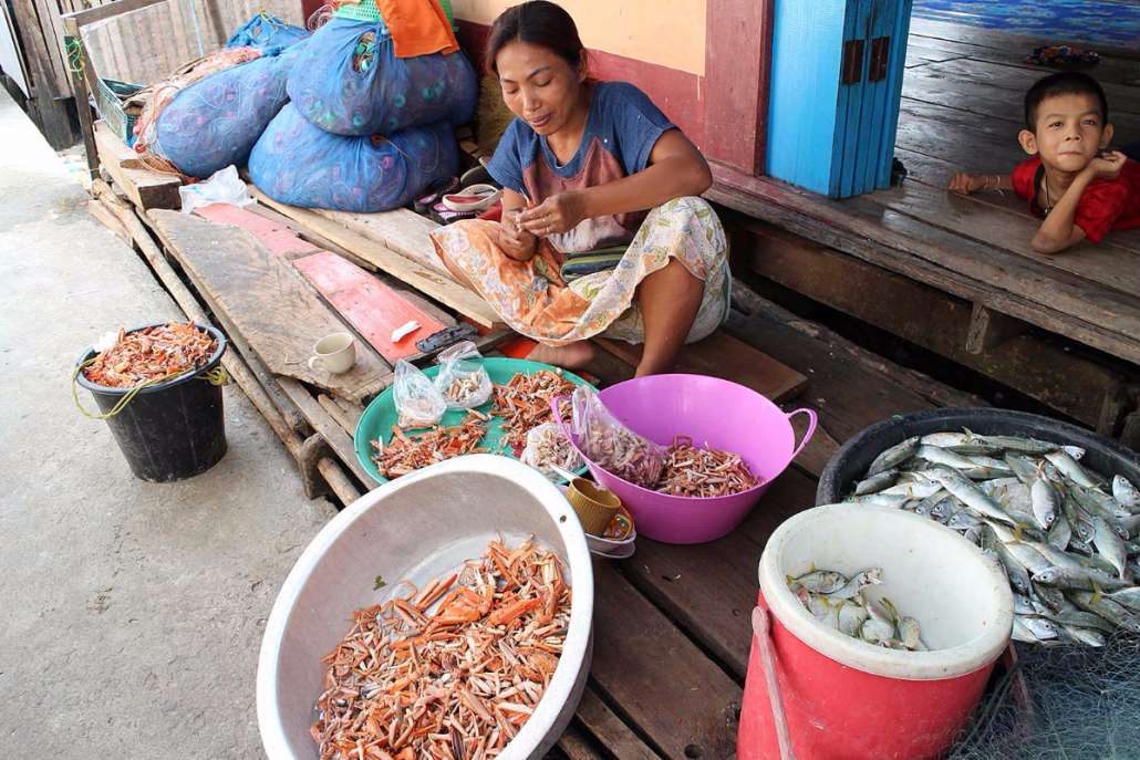 ชาวบ้านนั่งแกะเนื้อปูส่งขายร้านอาหารและตลาด